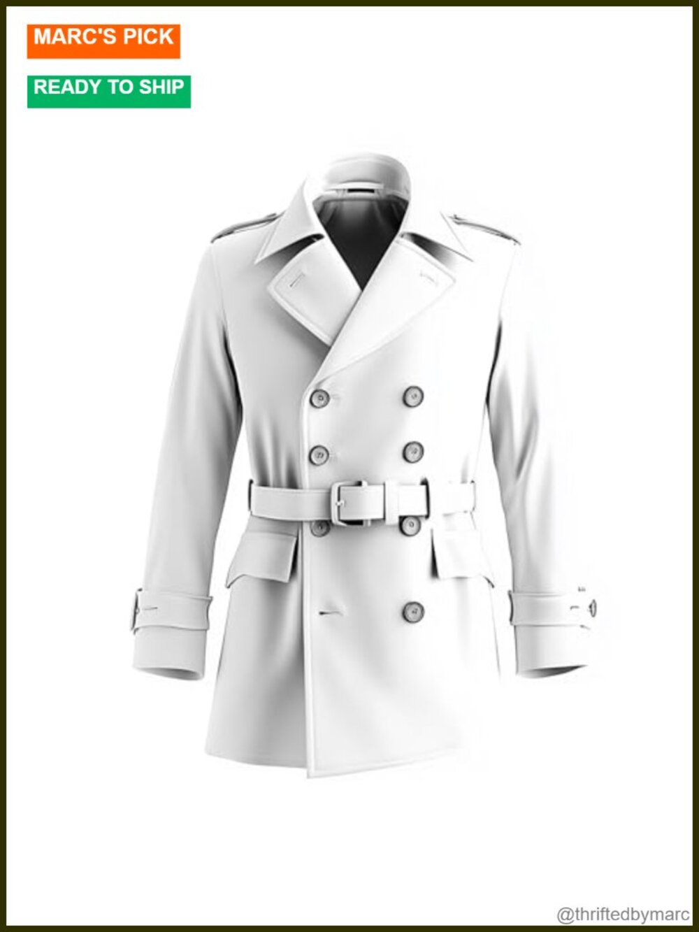 Men's White Double-Breasted Trench Coat Faux Leather Multi-Pocket Water